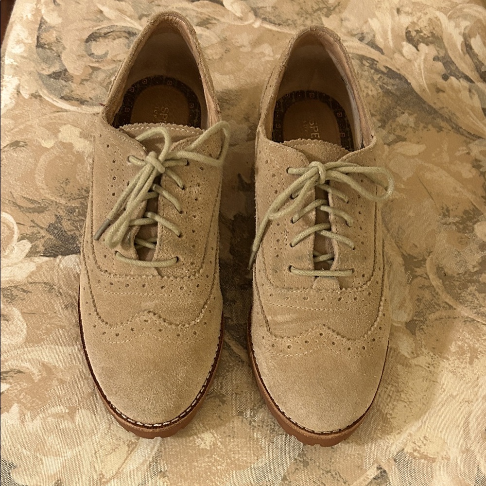 Sperry Top-Sider Tan suede oxfords.  Size 6.5. Worn once, if at all. EUC